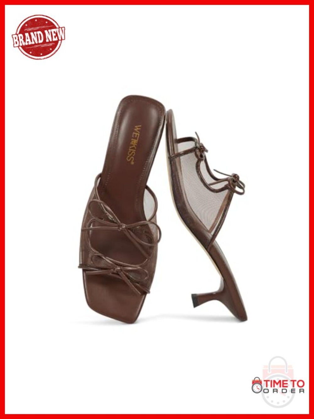 Womens Kitten Heel Sandals with Bow Mesh Square Toe Slip On